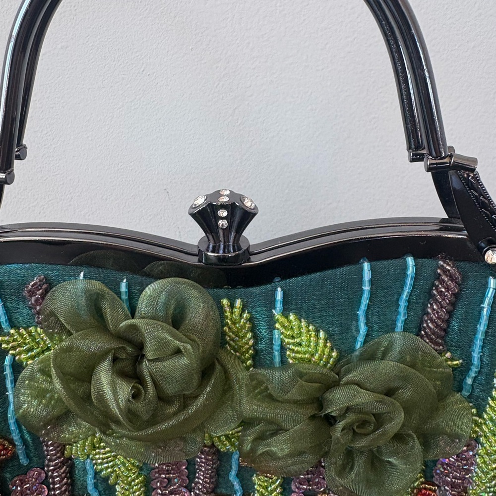 Beaded Floral Evening Bag Green Crossbody Purse - Picture 4 of 10